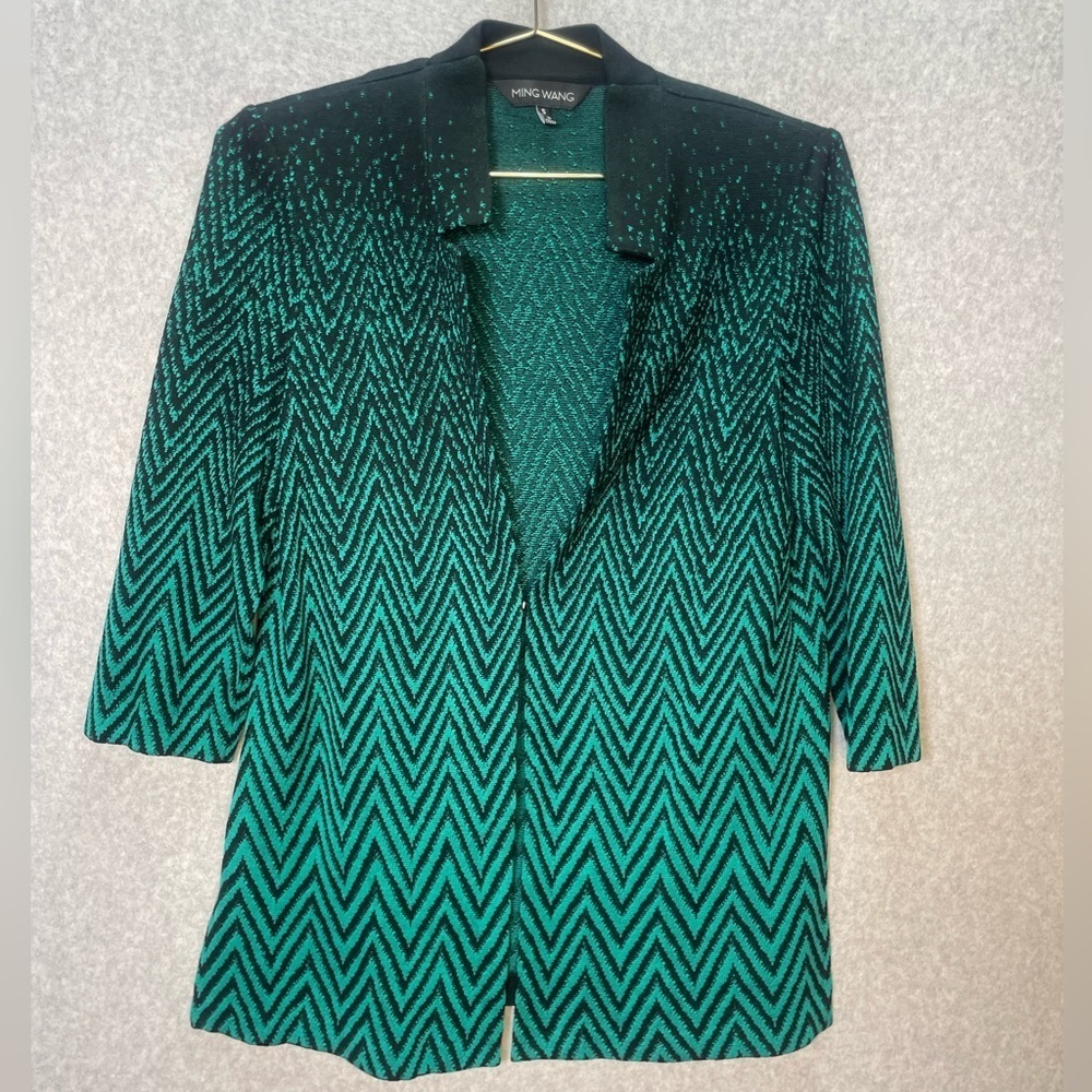 Ming Wang Green & Black Geometric Notch Neck Open Front 3/4 Sleeve Cardigan